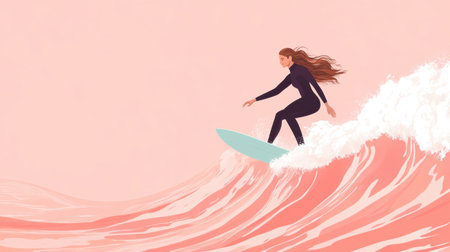 This vibrant illustration showcases a female surfer expertly riding a pink wave, encapsulating the thrill of water sports and the beauty of summer adventures in a charming style.の素材