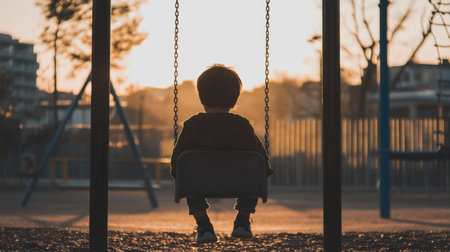 A serene silhouette of a child swaying on a swing during a beautiful sunset, capturing the essence of childhood freedom and joy in a tranquil playground setting.の素材