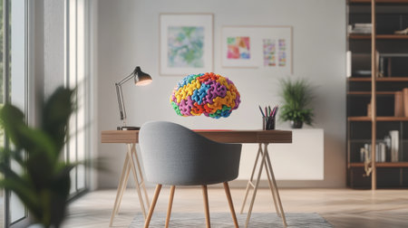 A vibrant brain model hovers above a sleek office desk, surrounded by greenery and art, symbolizing creativity, focus, and inspiration in a bright, modern workspace.の素材