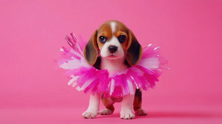 This charming beagle puppy, dressed in a playful pink tutu, showcases cuteness against a vibrant pink backdrop, ideal for children's products and pet nostalgia.の素材