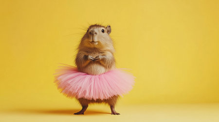 This charming small animal in a pink tutu stands against a vibrant yellow background, exuding playfulness and capturing the essence of whimsical fashion in a delightful portrait.の素材