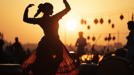 A stunning silhouette of a dancer captures a moment of cultural beauty against a glowing sunset, embodying the spirit of art and tradition in a vibrant celebration.の素材