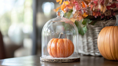 A charming pumpkin displayed under a glass dome, perfect for autumn decoration. The warm colors and cozy setting create an inviting seasonal atmosphere for any home.の素材