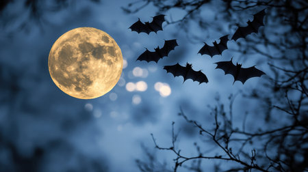 A captivating full moon shines brightly against a deep blue night sky, casting an enchanting glow as bats flutter between silhouetted tree branches, creating a haunting scene.の素材