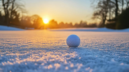 A tranquil scene of a white golf ball resting on a snow-covered golf course at sunset, evoking feelings of serenity and beauty in a winter landscape.の素材