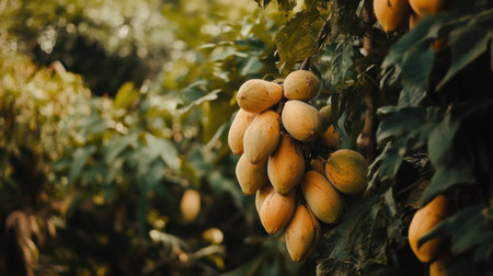A stunning view of a cluster of ripe papaya fruits hanging from lush green foliage, representing tropical gardening and the beauty of organic farming in a natural setting.の素材