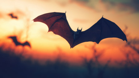 A captivating image of a bat in mid-flight, framed by a stunning sunset. The vibrant colors create an atmospheric scene perfect for depicting the beauty of wildlife at dusk.の素材