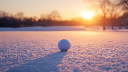 A solitary white golf ball rests on a snowy landscape during sunset, showcasing the tranquil beauty of winter sports and the serene atmosphere of nature.の素材