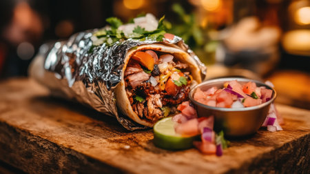 A mouthwatering burrito wrapped in foil, generously filled with fresh ingredients and topped with herbs, served alongside a bowl of salsa and lime, perfect for casual dining.の素材