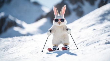 A charming rabbit skier wears sunglasses and stands confidently on snowy slopes, showcasing winter fun and adventure perfect for whimsical illustrations and lighthearted themes.の素材
