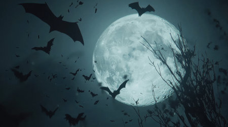 A captivating night scene features a glowing full moon illuminated by a dramatic sky filled with flapping bats, silhouetted trees, and an atmosphere of mystery.の素材
