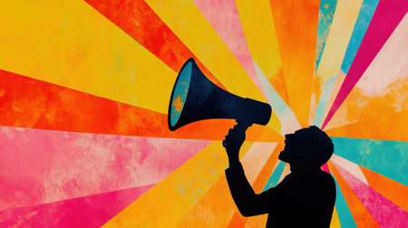 A dynamic artistic representation illustrating a silhouette shouting into a megaphone against a colorful, vibrant background symbolizing communication and expression.の素材