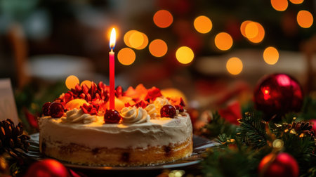 A beautifully decorated Christmas cake with a single candle radiates warmth, surrounded by festive decorations and soft, glowing lights, perfect for holiday celebrations.の素材