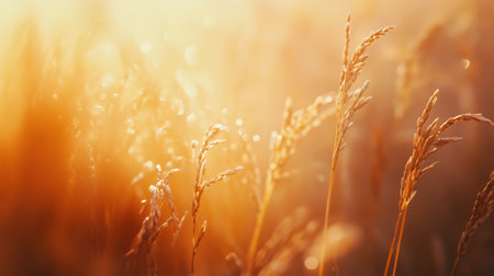A stunning close-up view of golden wheat fields bathed in warm sunlight at sunrise, showcasing glistening dewdrops for a serene and tranquil agricultural scene.の素材
