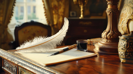 A beautifully styled vintage writing desk featuring a feather quill, ink, and blank paper, set in a luxurious environment that sparks creativity and evokes a sense of history.の素材