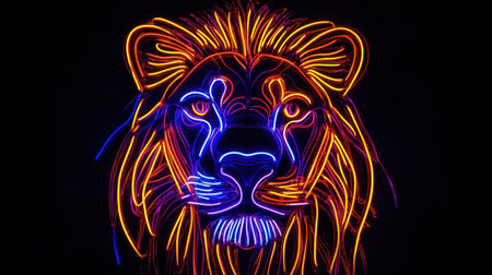 This striking neon illustration of a lion features vibrant colors and unique patterns, creating a captivating visual that blends wildlife with modern art in an eye-catching design.の素材