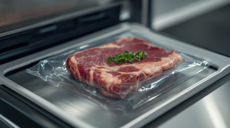 A vacuum-sealed ribeye steak topped with fresh herbs displayed on a sleek countertop, ideal for cooking delicious meals in a contemporary kitchen environment.の素材