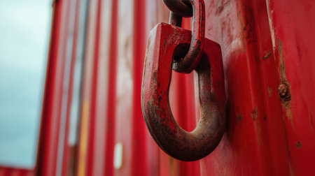 A detailed close-up of a heavy metal hook attached to a vibrant red shipping container, showcasing textures and colors that represent the industrial and maritime world.の素材