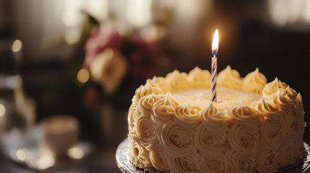 Delight in this beautifully crafted birthday cake with creamy frosting and a glowing candle, perfect for celebrating special moments with joy and warmth.の素材