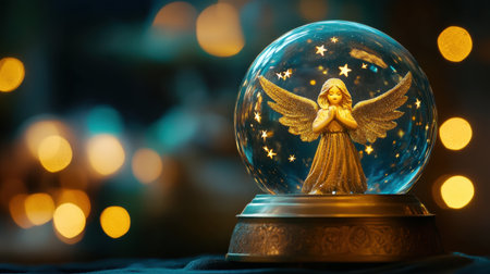 A beautiful angel figurine encased in a shimmering snow globe, exuding warmth and charm amidst soft bokeh lights, perfect for festive and serene settings.の素材