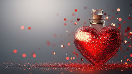 A stunning red heart-shaped bottle filled with sparkling glitter, set against a soft bokeh background, perfect for romantic themes or festive celebrations.の素材