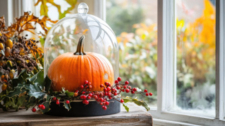 A stunning orange pumpkin sits elegantly under a glass dome, surrounded by vibrant berries and greenery, creating a perfect autumn centerpiece by the window.の素材