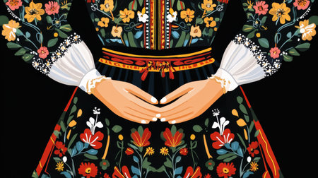 This captivating artwork features a woman's dress adorned with intricate floral patterns, highlighting cultural heritage and artistic detail with vibrant colors and a unique design.の素材