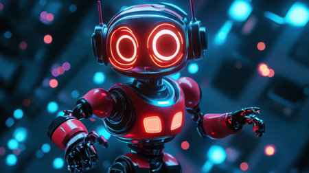 This vibrant cartoon robot features glowing red eyes and a playful expression in a dazzling technological scene with neon lights, perfect for creative projects and digital art.の素材