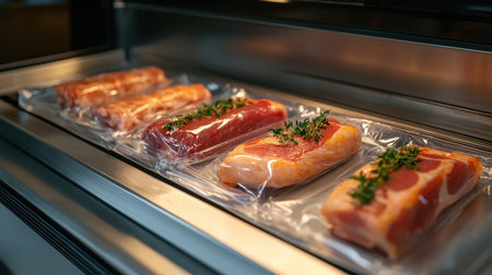 High-quality vacuum-sealed meat cuts with fresh herbs on display, ideal for culinary professionals seeking freshness, quality, and convenience in meal preparation.の素材