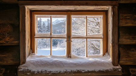 A cozy window view revealing a snowy landscape, framed by rustic wood, creating a serene atmosphere while showcasing the beauty of winter nature and mountains in the background.の素材