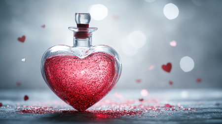 A captivating heart-shaped glass bottle filled with sparkling red liquid and adorned with floating hearts, perfect for romantic themes, love celebrations, and artistic designs.の素材