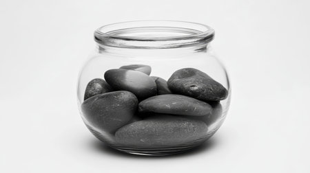 A minimalist glass jar filled with smooth black stones, perfect for enhancing tranquil spaces or adding a touch of elegance to any design project.の素材