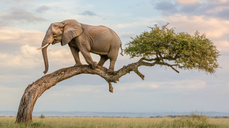 An imaginative scene of an elephant calmly balancing on a tree branch, set against a beautiful sky, highlighting the playful interaction between wildlife and nature.の素材