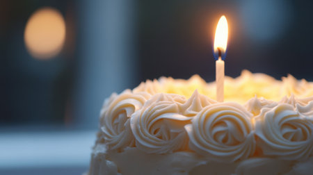 A beautifully crafted birthday cake adorned with intricate white icing and a single flickering candle, radiating a warm glow, perfect for capturing celebration moments.の素材