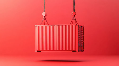 A bold red shipping container suspended by chains creates a striking visual, representing themes of logistics, transport, and modern industrial design. Ideal for business and shipping-related projects.の素材