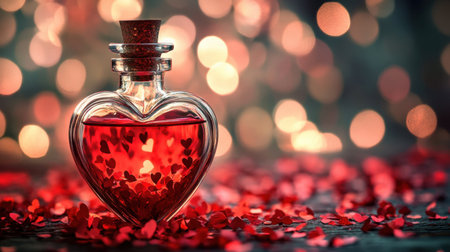 This enchanting image features a heart-shaped glass bottle filled with red liquid and surrounded by heart confetti, set against a dreamy bokeh background, perfect for romantic themes.の素材