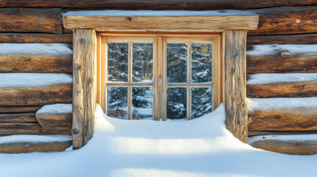 A cozy wooden cabin window surrounded by fresh snow, inviting the beauty of winter's tranquility. Sunlight gently illuminates the serene outdoor landscape.の素材