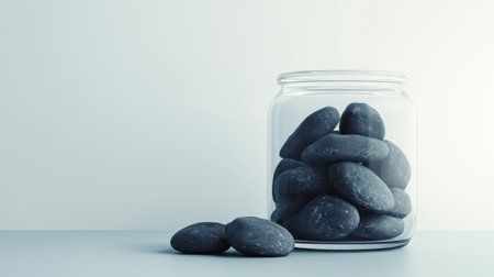A visually appealing arrangement of black stones inside a clear jar on a clean surface, perfect for conveying themes of wellness and relaxation in a modern setting.の素材
