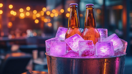 Two bottles of chilled beer sit in an ice-filled bucket surrounded by colorful lights, creating a vibrant and inviting atmosphere ideal for summer gatherings and celebrations.の素材