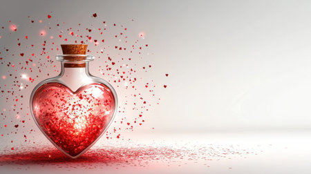 A captivating heart-shaped glass bottle filled with red hearts and glitter, perfect for symbolizing love and romance during special occasions like Valentine's Day.の素材