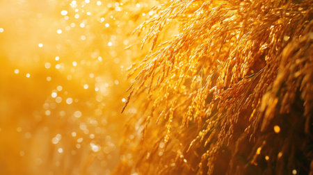 A close-up view of golden grass adorned with glistening dew drops, creating a serene and vibrant natural scene illuminated by soft morning sunlight. Perfect for nature-themed projects.の素材