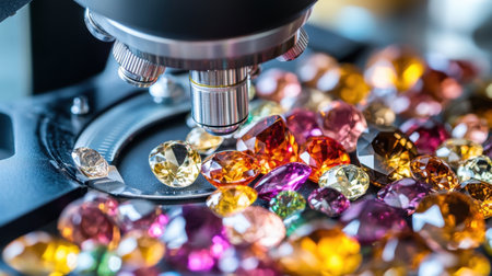 This image captures a microscope examining a vibrant array of colorful gems, highlighting their intricate details and sparkling beauty in a scientific setting.の素材