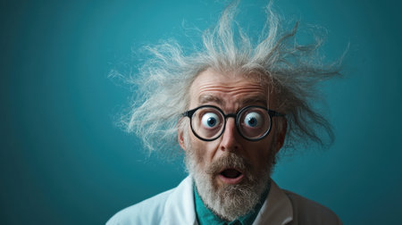 A quirky scientist with wild hair and a shocked expression embodies the spirit of discovery, sparking curiosity and enthusiasm for knowledge and innovation in research.の素材