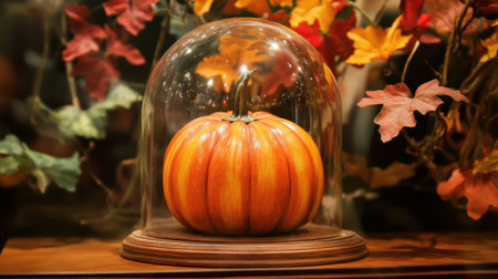 Capturing the essence of autumn, this image features a striking pumpkin under a glass dome, elegantly surrounded by colorful autumn leaves, perfect for seasonal decor.の素材