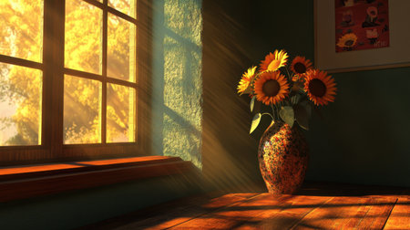 A peaceful indoor scene showcasing vibrant sunflowers in a decorative vase, illuminated by warm sunlight streaming through a window, creating a cozy atmosphere.の素材