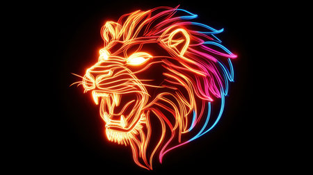 This striking neon illustration of a lion head showcases vibrant colors and glowing lines, beautifully capturing the animal's powerful and majestic essence. Perfect for modern art enthusiasts.の素材