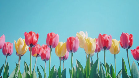 A stunning array of colorful tulips shines against a bright blue sky, capturing the essence of spring with vibrant petals and lush green leaves, celebrating nature's beauty.の素材