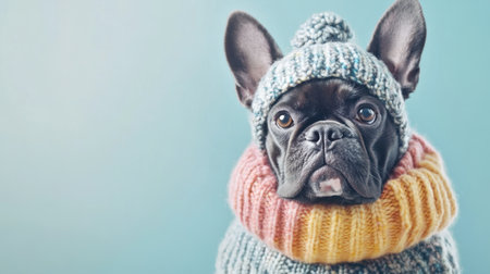This charming French bulldog showcases a delightful knitted outfit and hat, radiating warmth and personality in a soft blue background, perfect for pet lovers.の素材