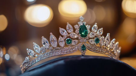 This elegant tiara features exquisite diamonds and emeralds, highlighting intricate design and luxury. Ideal for bridal shoots, fashion displays, and glamorous events.の素材