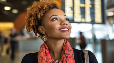 A cheerful young woman stands in an airport, looking up with a bright smile, embodying the joy and excitement of travel in a bustling environment.の素材